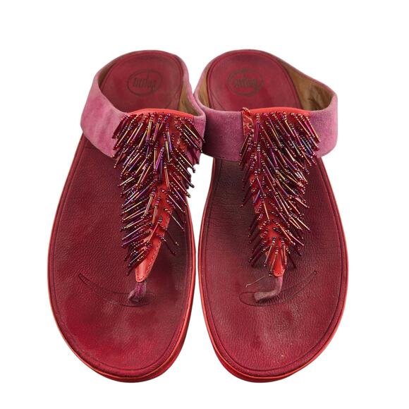 Fitflop Cha Cha Sandals Womens 11 Pink Suede Red Patent Beaded Thong Slip On - Picture 4 of 10